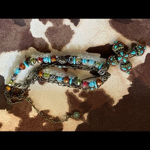Beaded Turquoise and Red Cross Necklace